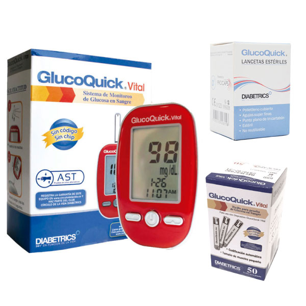 Combo Glucómetro GlucoQuick Vital + Caja de Tiras x50 + Lancetas x50